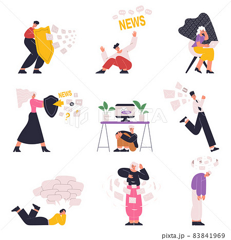 Information overload, anxiety people with news, data congestion. People hide from social media information overloading vector illustration set. Internet stream overload 83841969