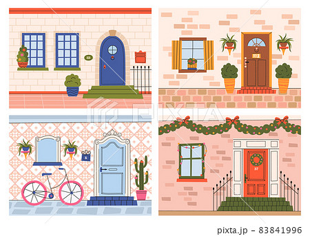 Front wooden doors, house building entrances posters. House exterior with apartment entrances, lanterns, potted plants vector illustration set. Buildings walls with doorways 83841996