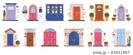 Hand drawn vintage front wooden doors, house or apartment entrances. House front doors, retro wooden home entrance vector illustration set. Exterior entrance closed doors 83841997