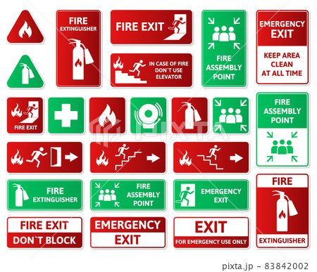 Fire safety, emergency signs, first aid, assembly point and exit symbols. Emergency fire hazard alarm, first aid symbols vector illustration set. Emergency, fire exit icons 83842002