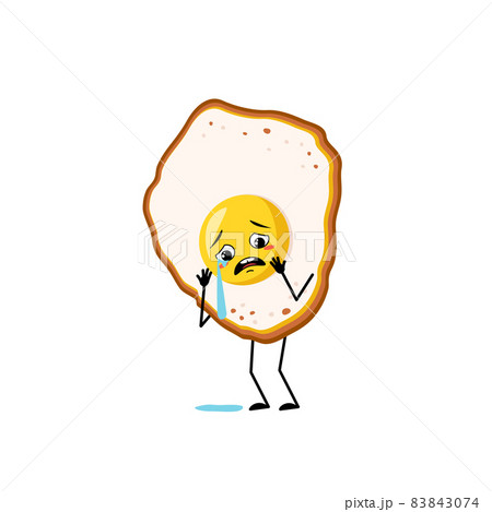 Cute character scrambled eggs with yolk and protein, with crying and tears emotion, sad face, depressive eyes, arms and legs. Fun food for breakfast with melancholy expression. Vector flat 83843074