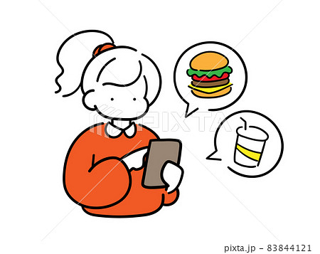 スマホで食事を注文する女の子のシンプルでおしゃれな線画イラスト 83844121