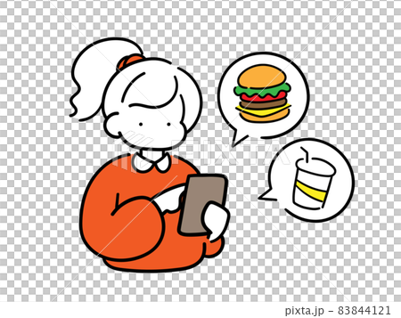 スマホで食事を注文する女の子のシンプルでおしゃれな線画イラスト 83844121
