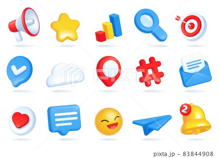 3d social media icons, digital marketing and advertising icon. Heart like, megaphone, emoji, bell notification, chat bubble symbols vector set 83844908