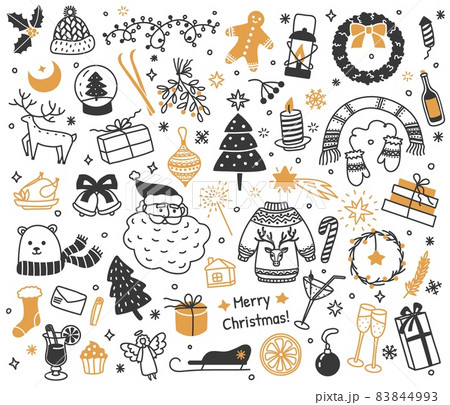 New year celebration doodles, christmas hand drawn elements. Garland, santa, xmas party decorations, winter holidays doodle drawing vector set New year celebration doodles, christmas hand drawn elements. Garland, santa, xmas party decorations, winter holidays doodle drawing vector set 83844993
