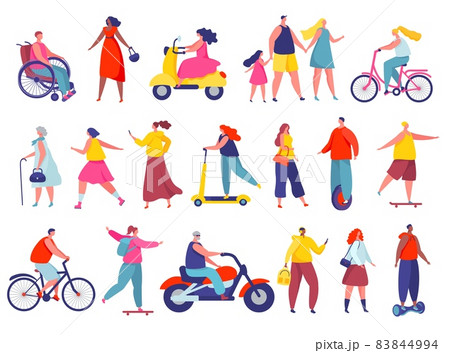 People walking on city street, running or riding bicycle. Active characters on skateboard and scooter, summer outdoor activities vector set People walking on city street, running or riding bicycle. Active characters on skateboard and scooter, summer outdoor activities vector set 83844994
