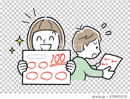 ベクターイラスト素材：テストが100点満点の女の子と成績が悪い男の子 83845019
