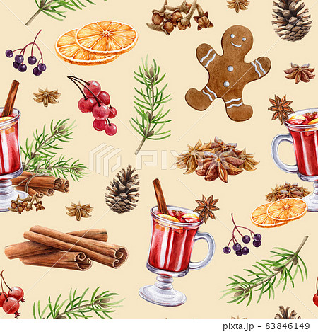 Christmas cozy element seamless pattern. Watercolor illustration. Mulled wine, elderberry, cinnamon, pine branch, clove, cone. Festive winter time cozy decorative seamless pattren. Pastel background 83846149
