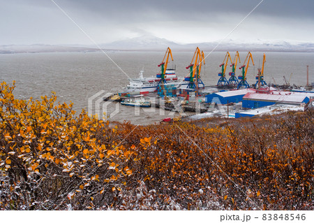 Autumn landscape with a seaport 83848546