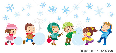 雪だるまを友達と作って遊ぶ可愛い小さな子供たちのイラスト 冬 クリップアート 白背景のイラスト素材 8456