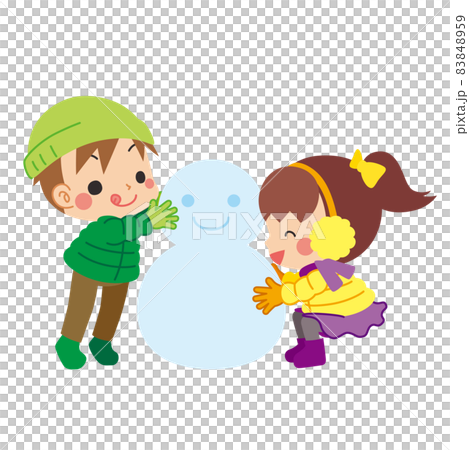 Illustration of a cute little boy and girl making a snowman Clip art White background 83848959