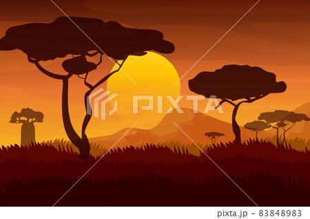 African landscape, sunset in Savannah in cartoon style. Evening with silhouette of jungle trees and mountains in horizon 83848983