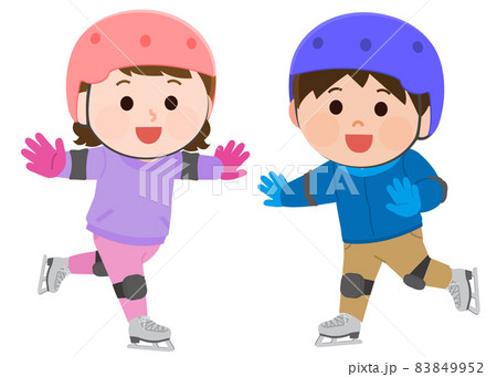 スケート教室で楽しく滑る男の子と女の子　保護具付き　イラスト 83849952