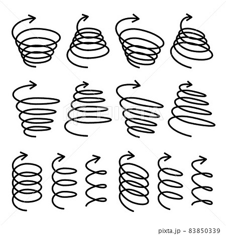 マーカーで手書き風の線のさまざまな螺旋スパイラル矢印のセットのイラスト素材