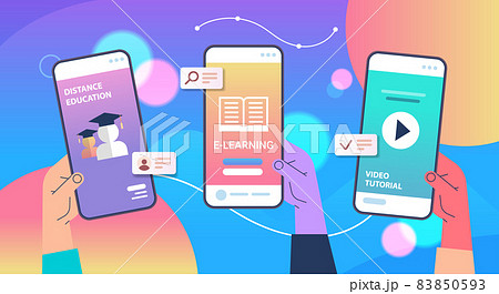 human hands using mobile educational apps on smartphone screens online education e-learning concept 83850593