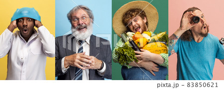 Collage made of comic images of farmer, professor, cameraman and doctor isolated on multicolored studio background. 83850621