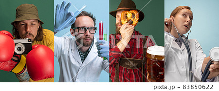 Collage made of images of chemist, waiter, doctor and cameraman isolated on green and blue studio background. Collage made of images of chemist, waiter, doctor and cameraman isolated on green and blue studio background. 83850622