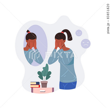 Crying girl at mirror. Sad woman cry, vector Crying girl at mirror. Sad woman cry, vector 83851820