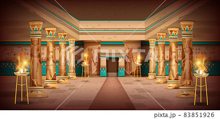 Ancient Egypt temple interior background, vector pharaoh pyramid tomb interior, old stone column.  83851926