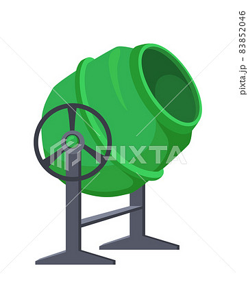 Construction concrete mixer. Green tool mixing cement on wheels, industrial machine, cartoon flat vector icon illustration Construction concrete mixer. Green tool mixing cement on wheels, industrial machine, cartoon flat vector icon illustration 83852046