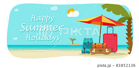 Travel beach vector summer banner or tourism trip landscape and sea coast island scenery resort poster with suitcase baggage or luggage flat cartoon vector illustration background for copy space text 83852136