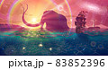 Fantasy summer sunset landscape drawing with magic blue sea and ship, sun light with rocks, pink sky with planets, seascape art with green water, beautiful fairy tale ocean illustration. 83852396