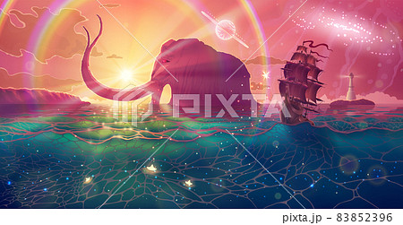 Fantasy summer sunset landscape drawing with magic blue sea and ship, sun light with rocks, pink sky with planets, seascape art with green water, beautiful fairy tale ocean illustration. 83852396