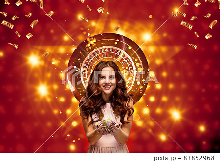 Collage of casino images with roulette and woman with chips in hands Collage of casino images with roulette and woman with chips in hands 83852968