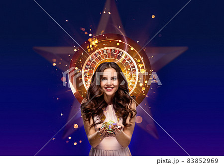 Collage of casino images with roulette and woman with chips in hands Collage of casino images with roulette and woman with chips in hands 83852969