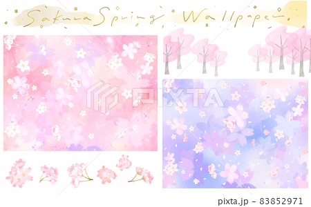 淡いピンク系と紫系の桜と花びらの飾り春のかわいい壁紙セットベクター背景素材のイラスト素材