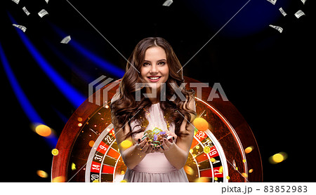 Collage of casino images with roulette and woman with chips in hands Collage of casino images with roulette and woman with chips in hands 83852983