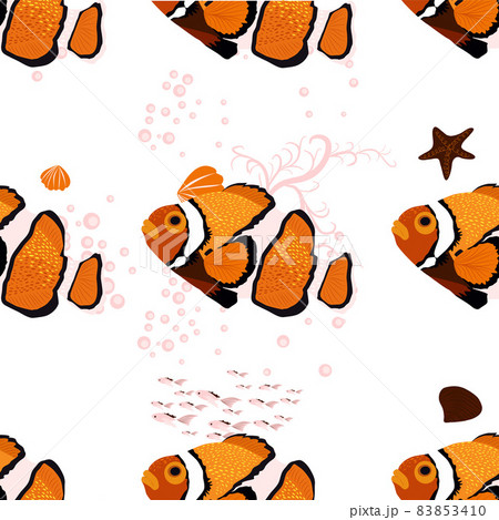 Amphiprion, sea inhabitants seamless pattern, beautiful character among seashells, algae, starfish, marine wildlife. Orange bright sea dweller clown fish surrounded Amphiprion, sea inhabitants seamless pattern, beautiful character among seashells, algae, starfish, marine wildlife. Orange bright sea dweller clown fish surrounded 83853410