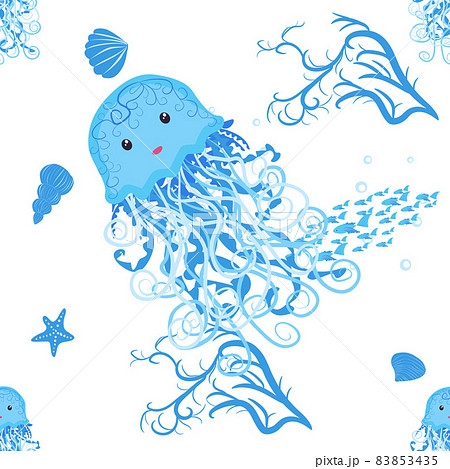 Jellyfish, fish, animals bright seamless patterns. Sea travel, snorkeling with animals, tropical fish Jellyfish, fish, animals bright seamless patterns. Sea travel, snorkeling with animals, tropical fish 83853435