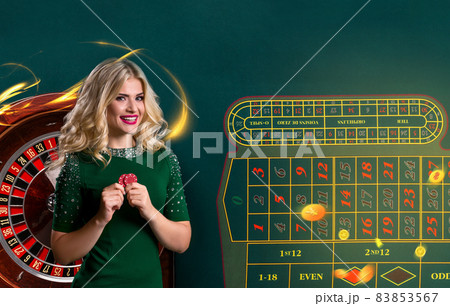 Collage of casino images with roulette and woman with chips in hands Collage of casino images with roulette and woman with chips in hands 83853567