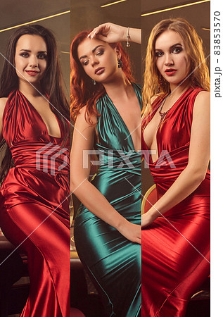 Collage of three young ladies in silk dresses and jewelry. They expressing different facial emotions. Posing on colorful backgrounds. Close-up 83853570