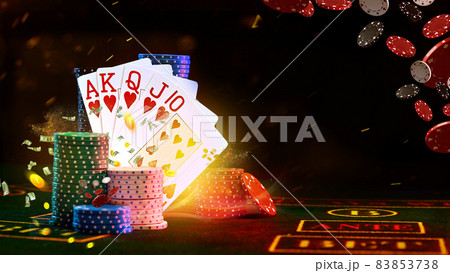 Royal flush leaning on colorful chips piles on green playing table, against black background. Flying dollars, chips and coins. Casino, poker. Close-up Royal flush leaning on colorful chips piles on green playing table, against black background. Flying dollars, chips and coins. Casino, poker. Close-up 83853738