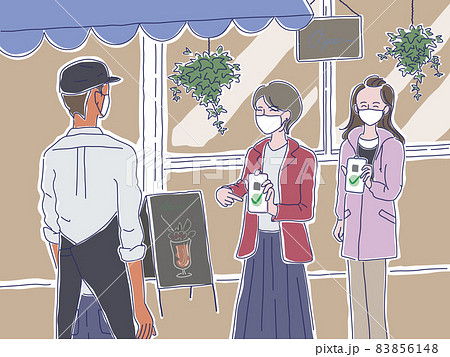 カフェの店員に、ワクチン接種証明の画面を表示させたスマホを見せる、二人のマスクをした女性客のイラスト カフェの店員に、ワクチン接種証明の画面を表示させたスマホを見せる、二人のマスクをした女性客のイラスト 83856148