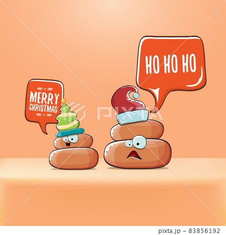 Funky christmas hand drawn greeting card. vector funny cartoon cool tiny brown poo character with santa red and his poo elf friend Funky christmas hand drawn greeting card. vector funny cartoon cool tiny brown poo character with santa red and his poo elf friend 83856192