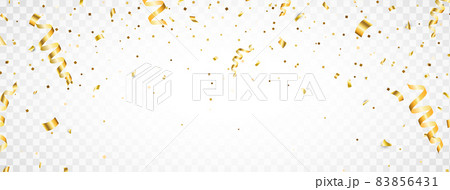 Falling shiny gold confetti. Glitter confetti frame on long background. Anniversary celebration banner. Bright festive tinsel. Birthday party backdrop. Holiday design elements. Vector illustration 83856431