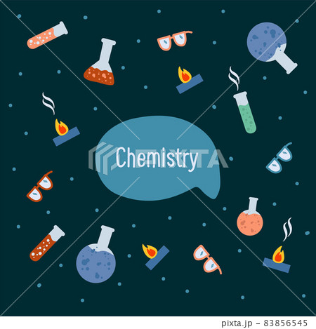 Postcard teaching Chemistry in laboratories. Cartoon poster for kids at school. Children's illustration for the lesson scientific experiments. 83856545