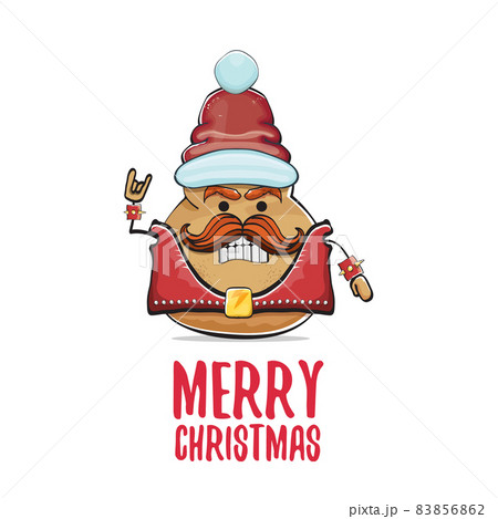 vector rock star santa potato funny cartoon cute character with with red santa hat and calligraphic merry christmas text isolated on white background. rock n roll christmas party poster 83856862