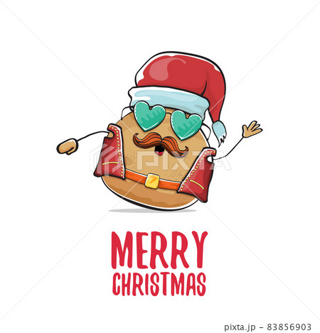 vector rock star santa potato funny cartoon cute character with with red santa hat and calligraphic merry christmas text isolated on white background. rock n roll christmas party poster 83856903