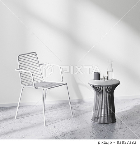 Modern interior design scene with white chair and table in bright room with white wall and concrete floor, 3d rendering 83857332