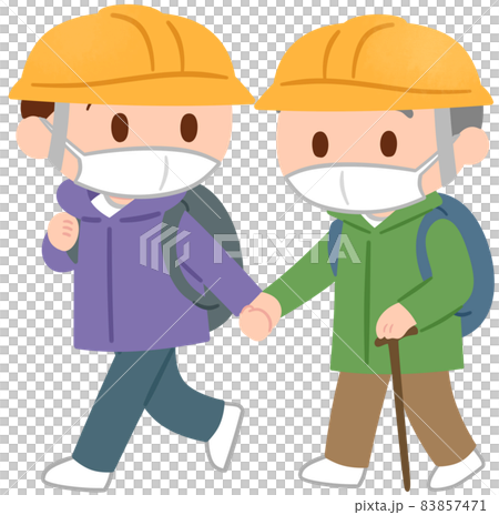 Evacuating men and elderly men (wearing masks) 83857471
