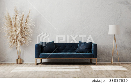 Luxury modern living room interior mock up with dark blue sofa, floor lamp and vase on wooden floor with light gray wall, empty wall mockup, 3d rendering Luxury modern living room interior mock up with dark blue sofa, floor lamp and vase on wooden floor with light gray wall, empty wall mockup, 3d rendering 83857639