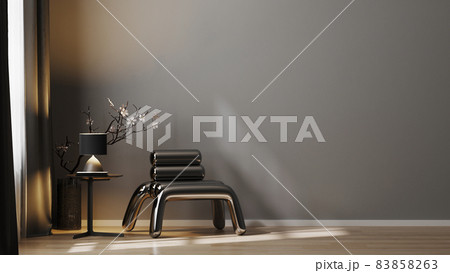 Modern luxury dark tones living room interior background with gray wall, metal armchair with lamp and coffee table near window with black curtains, warm lamp light, stylish interior mock up, 3d render Modern luxury dark tones living room interior background with gray wall, metal armchair with lamp and coffee table near window with black curtains, warm lamp light, stylish interior mock up, 3d render 83858263