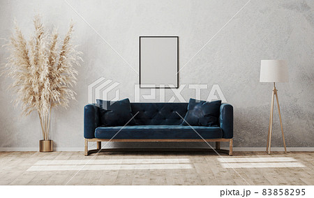 Blank vertical frame on gray decorative plaster wall in modern living room interior with dark blue sofa, floor lamp, 3d rendering Blank vertical frame on gray decorative plaster wall in modern living room interior with dark blue sofa, floor lamp, 3d rendering 83858295