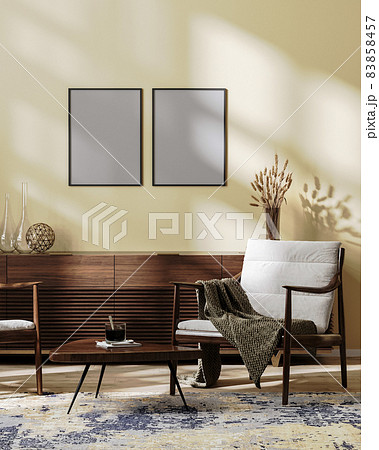 poster frames mock up in Cozy modern living room interior mock up in light brown tones, scandinavian style, 3d illustration 83858457