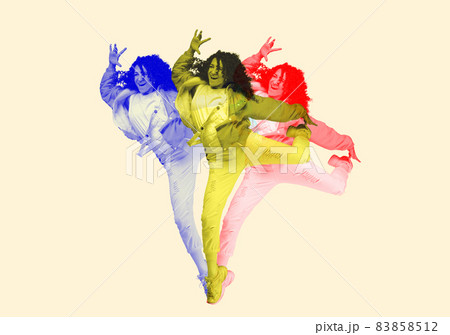 Artwork. Young sportive girl dancing hip-hop in stylish clothes with duotone glitch effect background. Street dance Artwork. Young sportive girl dancing hip-hop in stylish clothes with duotone glitch effect background. Street dance 83858512
