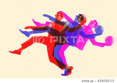 High-fashion style man playing basketball with glitch duotone effect. Young sporty model at studio and double colorful shadows High-fashion style man playing basketball with glitch duotone effect. Young sporty model at studio and double colorful shadows 83858513